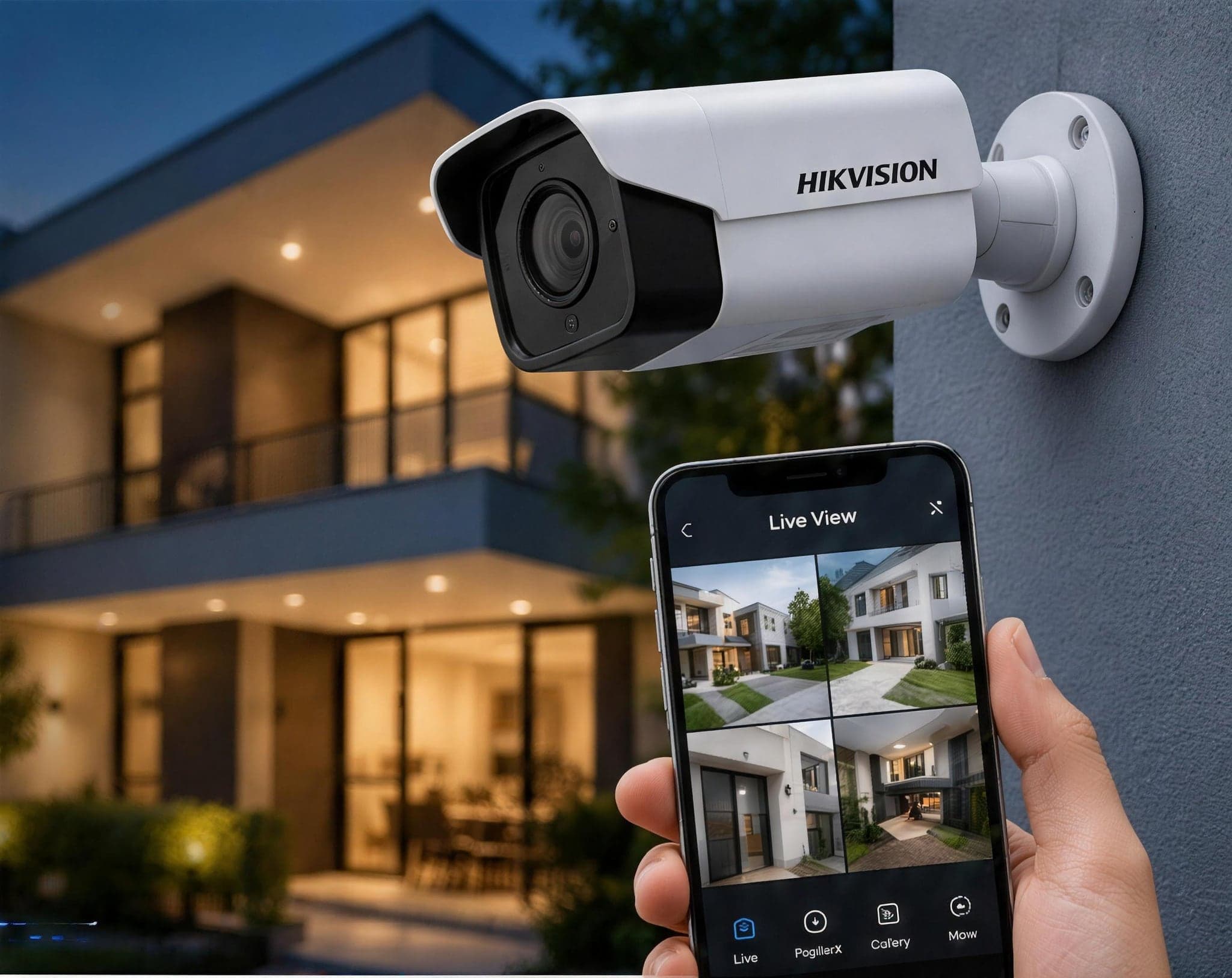 Hikvision bullet camera on a home exterior with live view on a phone